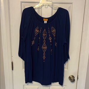 Ruby Rd. Dark Blue Blouse with Colorful Embroidery